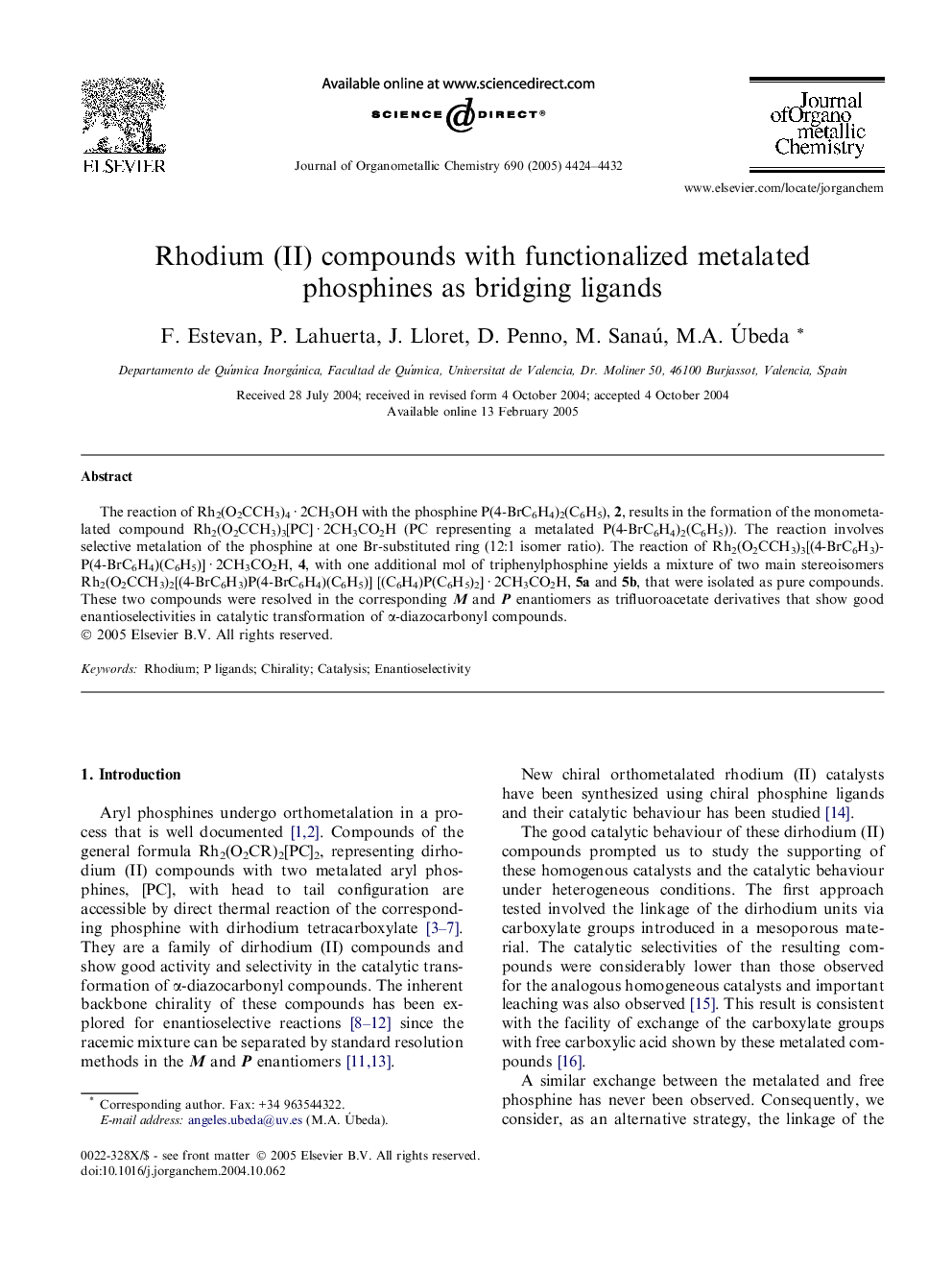 Rhodium (II) compounds with functionalized metalated phosphines as bridging ligands