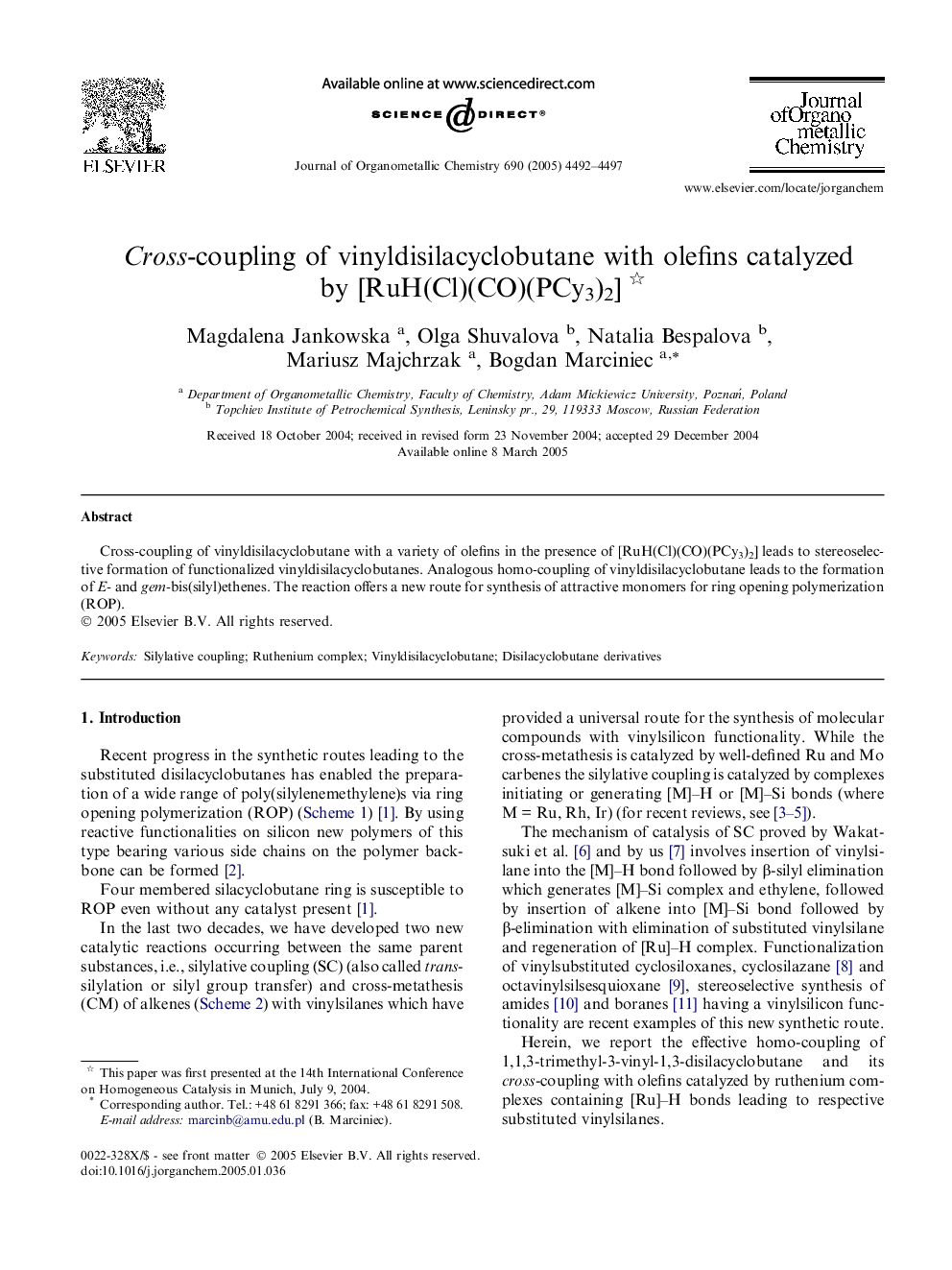 Cross-coupling of vinyldisilacyclobutane with olefins catalyzed by [RuH(Cl)(CO)(PCy3)2] 