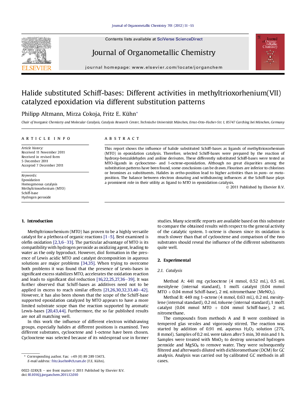 Halide substituted Schiff-bases: Different activities in methyltrioxorhenium(VII) catalyzed epoxidation via different substitution patterns