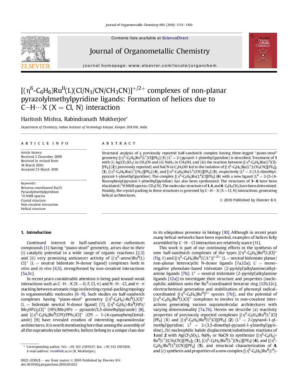 [(η6-C6H6)RuII(L)(Cl/N3/CN/CH3CN)]+/2+ complexes of non-planar pyrazolylmethylpyridine ligands: Formation of helices due to C–H⋯X (X = Cl, N) interaction