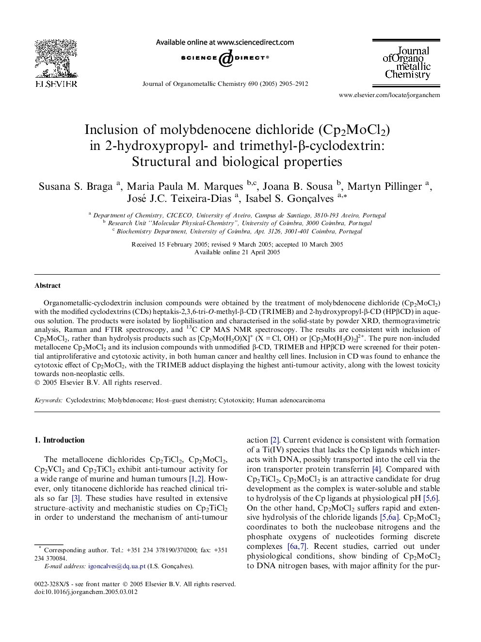 Inclusion of molybdenocene dichloride (Cp2MoCl2) in 2-hydroxypropyl- and trimethyl-β-cyclodextrin: Structural and biological properties