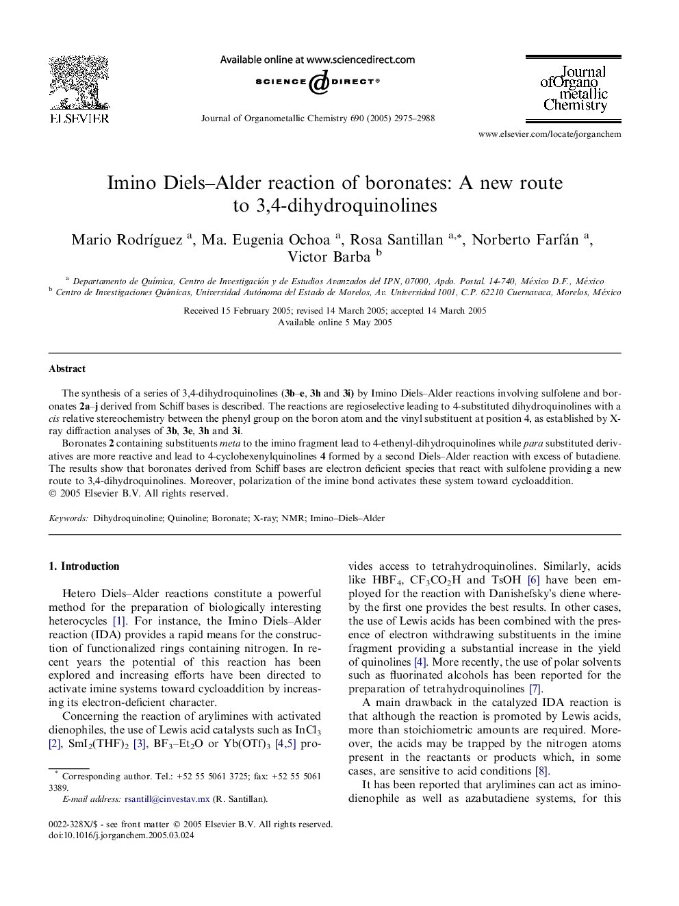 Imino Diels–Alder reaction of boronates: A new route to 3,4-dihydroquinolines