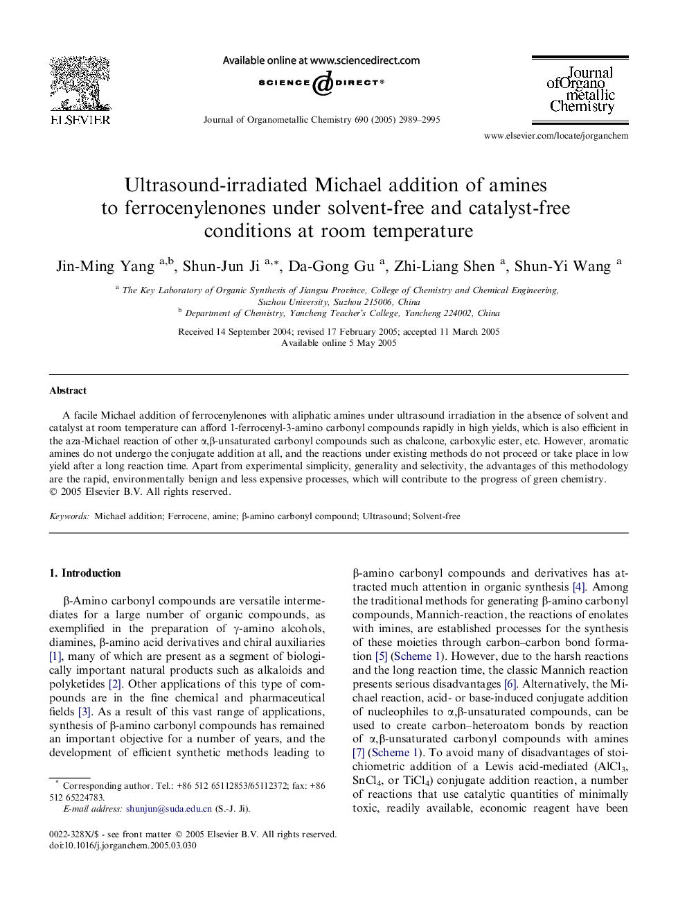 Ultrasound-irradiated Michael addition of amines to ferrocenylenones under solvent-free and catalyst-free conditions at room temperature