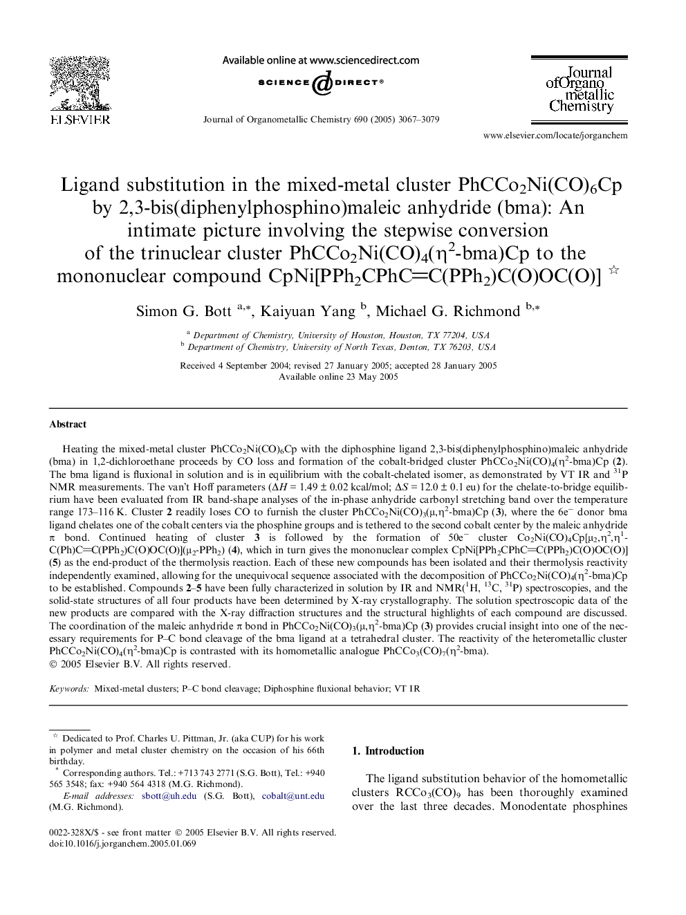 Ligand substitution in the mixed-metal cluster PhCCo2Ni(CO)6Cp by 2,3-bis(diphenylphosphino)maleic anhydride (bma): An intimate picture involving the stepwise conversion of the trinuclear cluster PhCCo2Ni(CO)4(Î·2-bma)Cp to the mononuclear compound CpNi[P