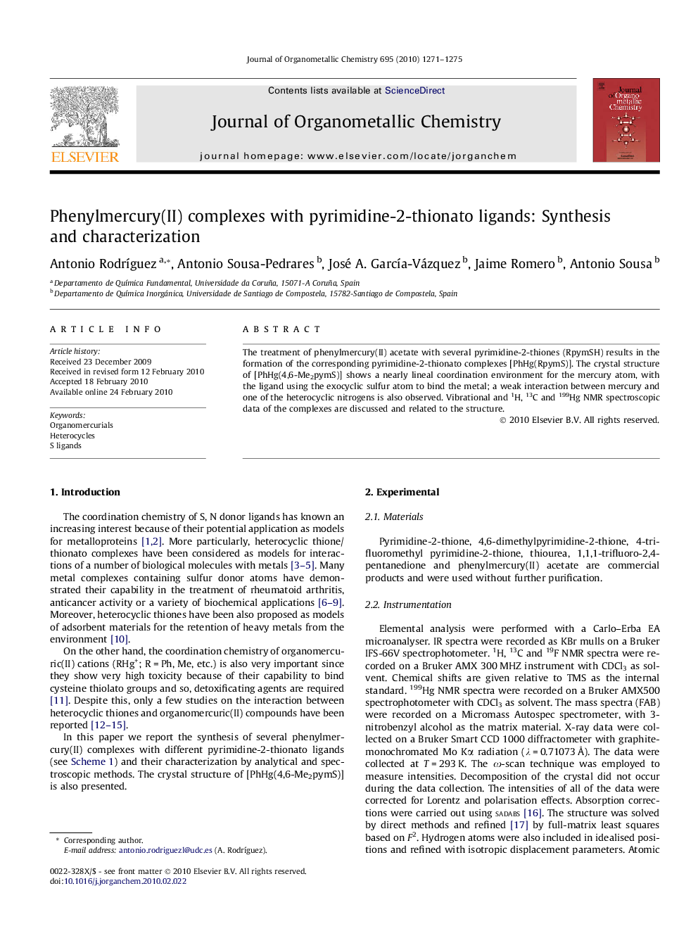 Phenylmercury(II) complexes with pyrimidine-2-thionato ligands: Synthesis and characterization