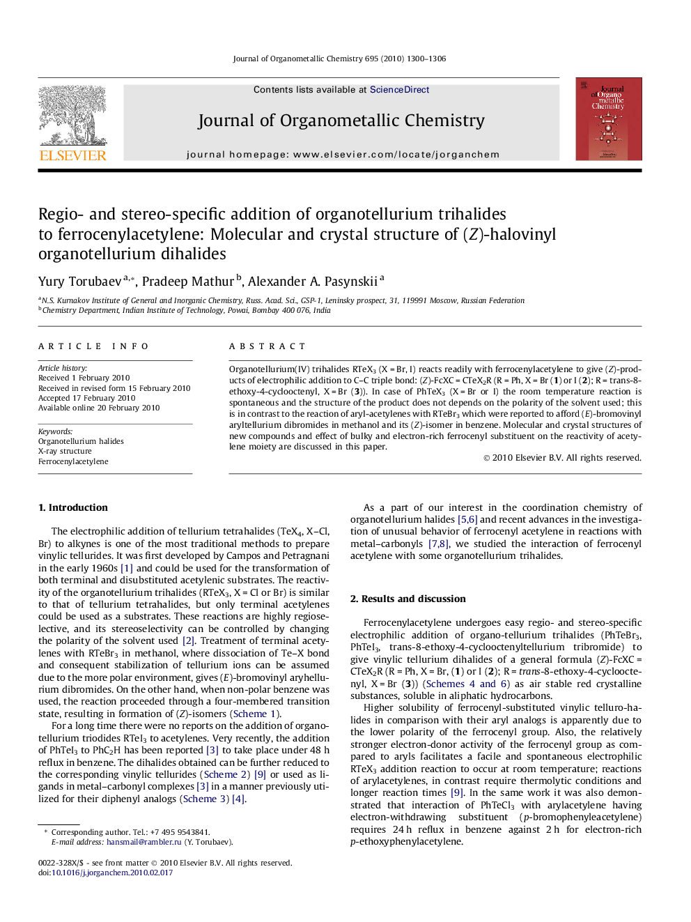 Regio- and stereo-specific addition of organotellurium trihalides to ferrocenylacetylene: Molecular and crystal structure of (Z)-halovinyl organotellurium dihalides