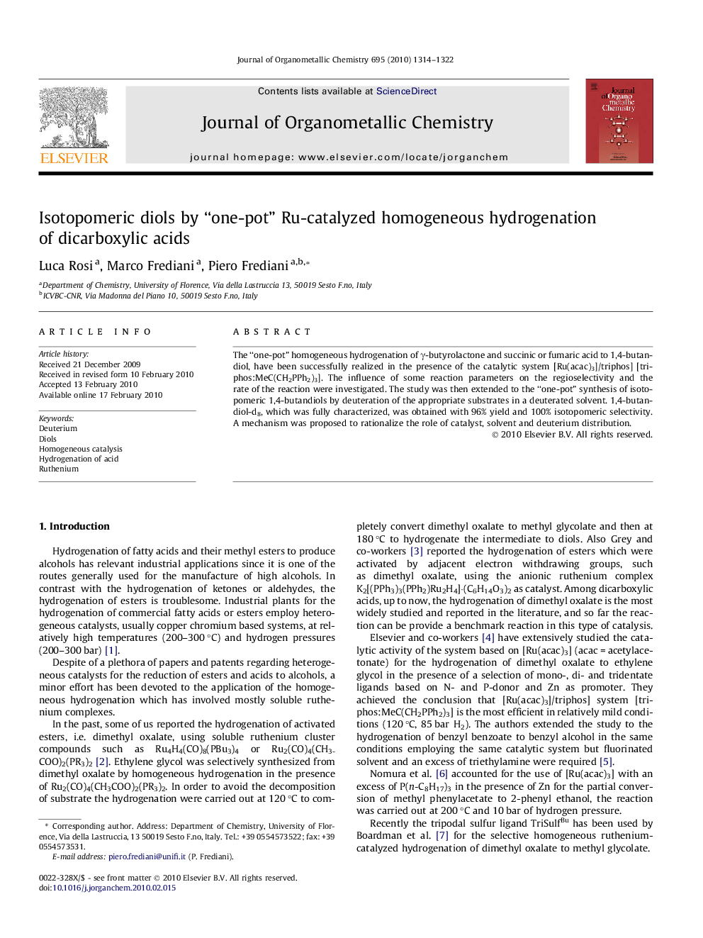 Isotopomeric diols by “one-pot” Ru-catalyzed homogeneous hydrogenation of dicarboxylic acids