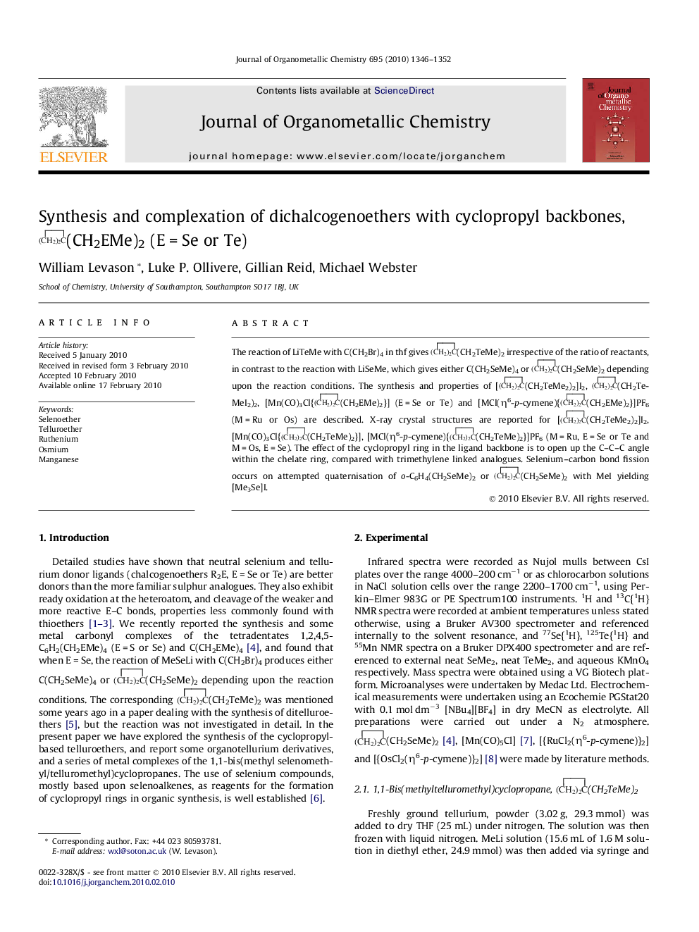 Synthesis and complexation of dichalcogenoethers with cyclopropyl backbones, (CH2EMe)2 (E = Se or Te)