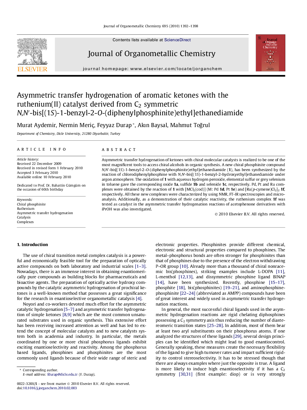 Asymmetric transfer hydrogenation of aromatic ketones with the ruthenium(II) catalyst derived from C2 symmetric N,N′-bis[(1S)-1-benzyl-2-O-(diphenylphosphinite)ethyl]ethanediamide
