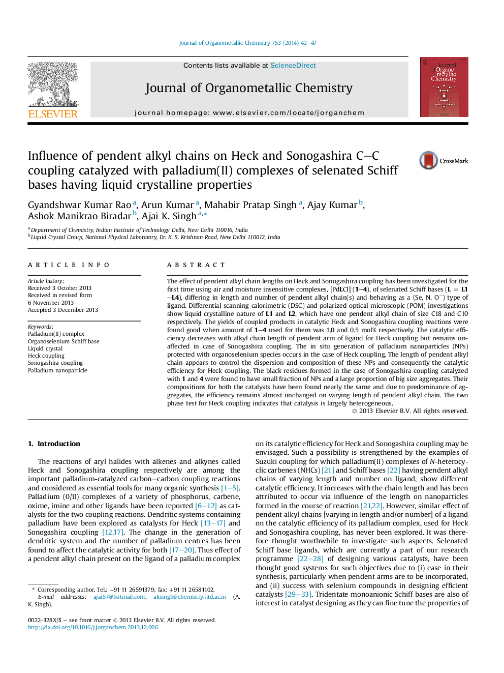 Influence of pendent alkyl chains on Heck and Sonogashira C–C coupling catalyzed with palladium(II) complexes of selenated Schiff bases having liquid crystalline properties