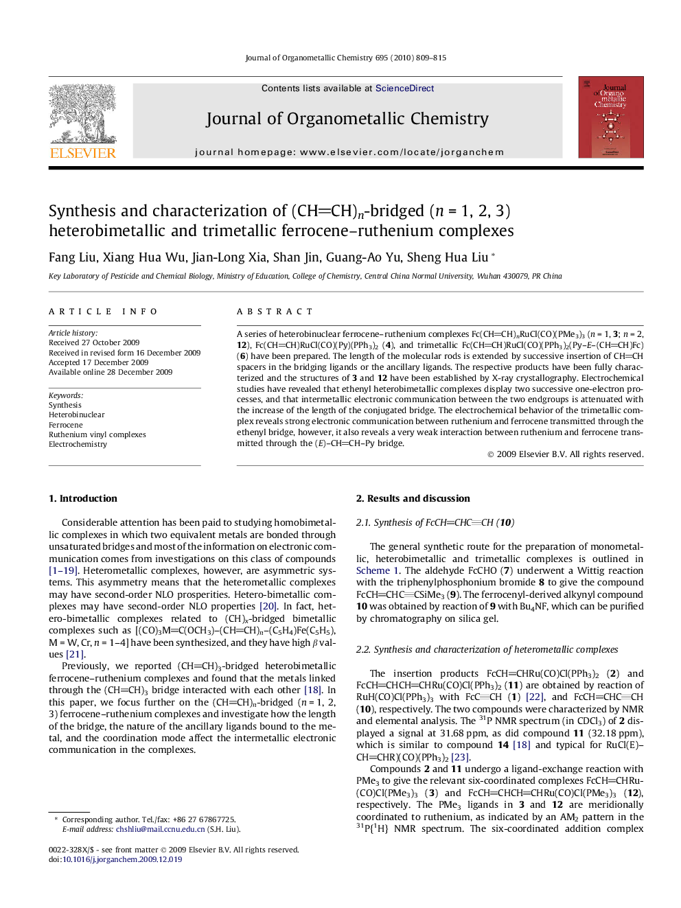 عکس صفحه اول مقاله: Synthesis and characterization of (CHCH)n-bridged (n = 1, 2, 3) heterobimetallic and trimetallic ferrocene-ruthenium complexes Synthesis and characterization of (CHCH)n-bridged (n = 1, 2, 3) heterobimetallic and trimetallic ferrocene-ruthenium complexes