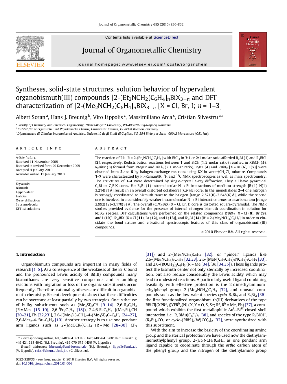 Syntheses, solid-state structures, solution behavior of hypervalent organobismuth(III) compounds [2-(Et2NCH2)C6H4]nBiX3−n and DFT characterization of [2-(Me2NCH2)C6H4]nBiX3−n [X = Cl, Br, I; n = 1–3]