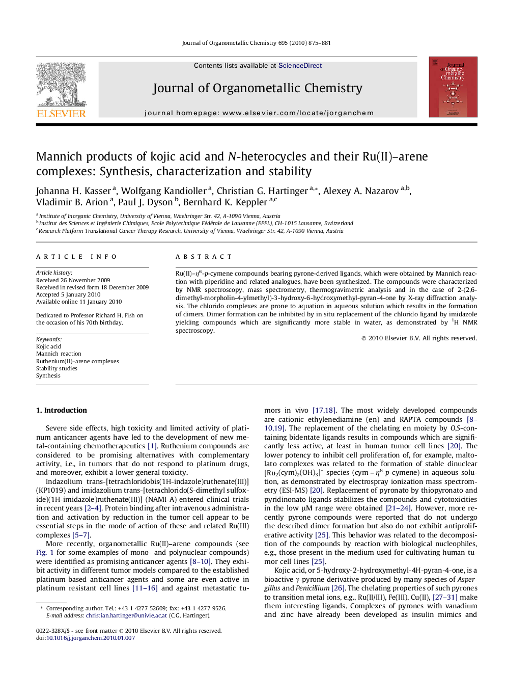 Mannich products of kojic acid and N-heterocycles and their Ru(II)–arene complexes: Synthesis, characterization and stability