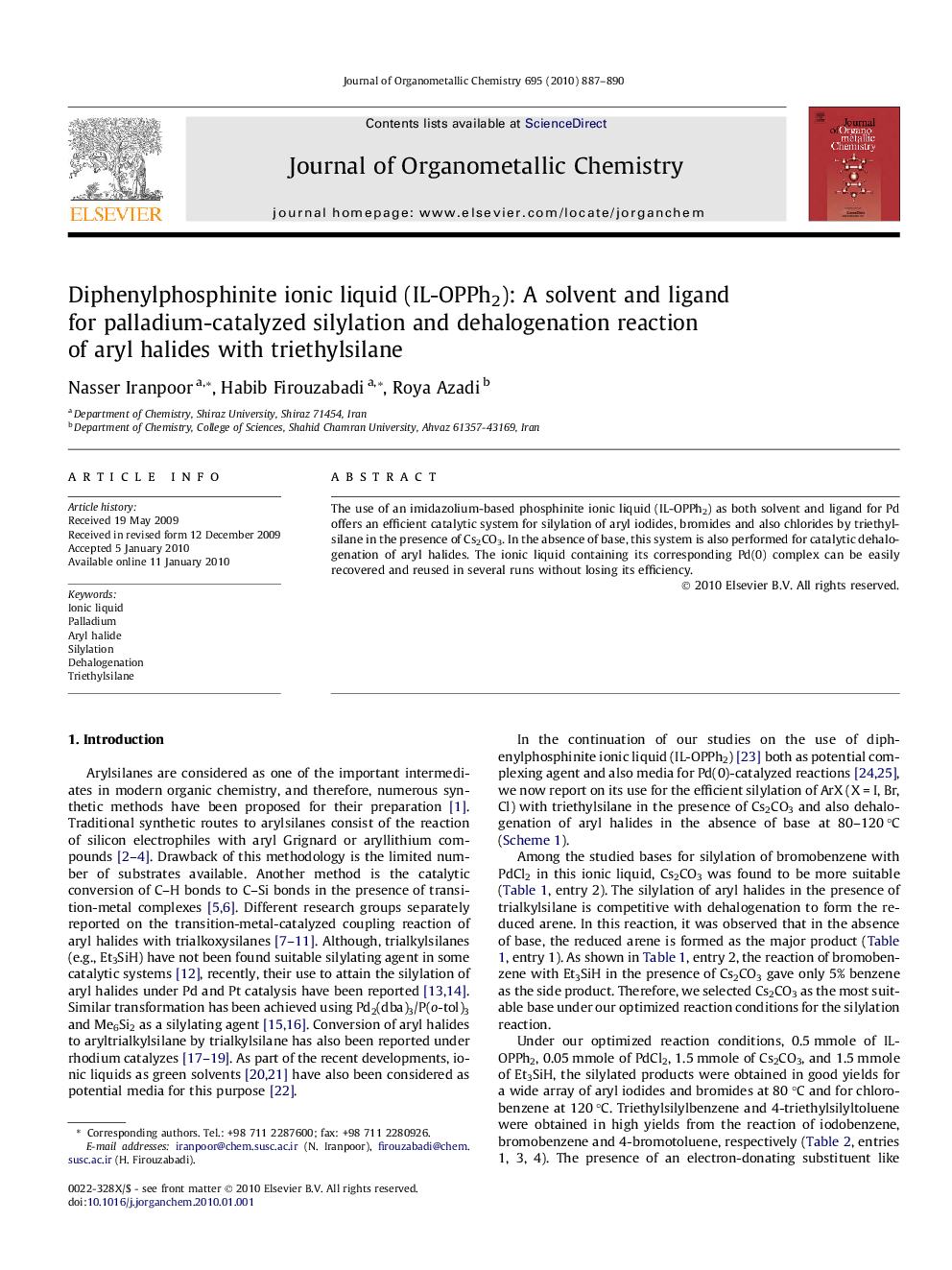 Diphenylphosphinite ionic liquid (IL-OPPh2): A solvent and ligand for palladium-catalyzed silylation and dehalogenation reaction of aryl halides with triethylsilane