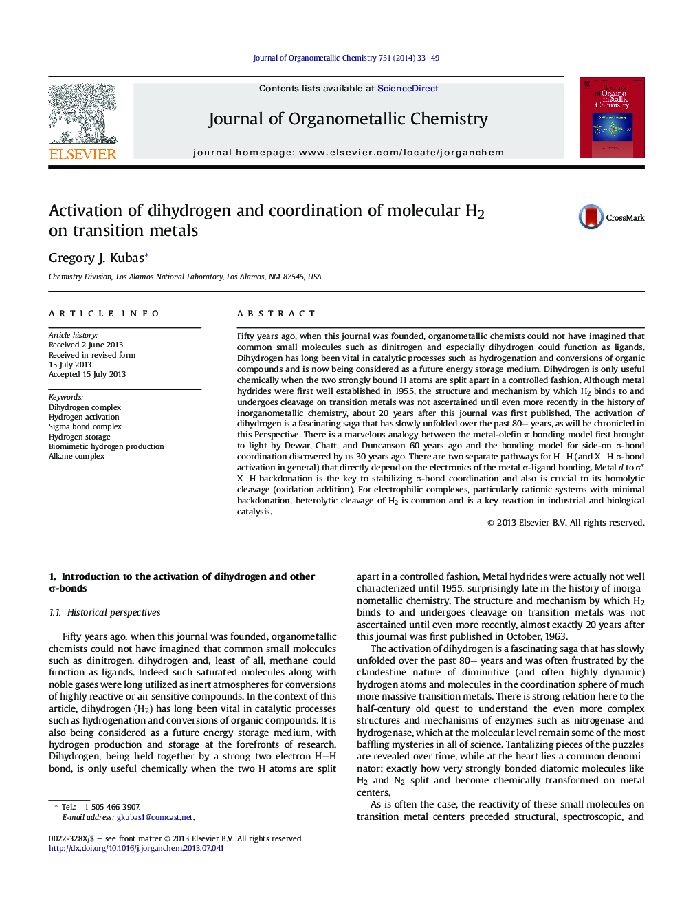 Activation of dihydrogen and coordination of molecular H2 on transition metals