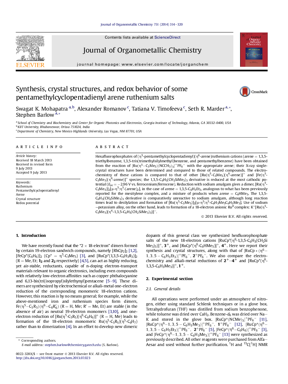 Synthesis, crystal structures, and redox behavior of some pentamethylcyclopentadienyl arene ruthenium salts