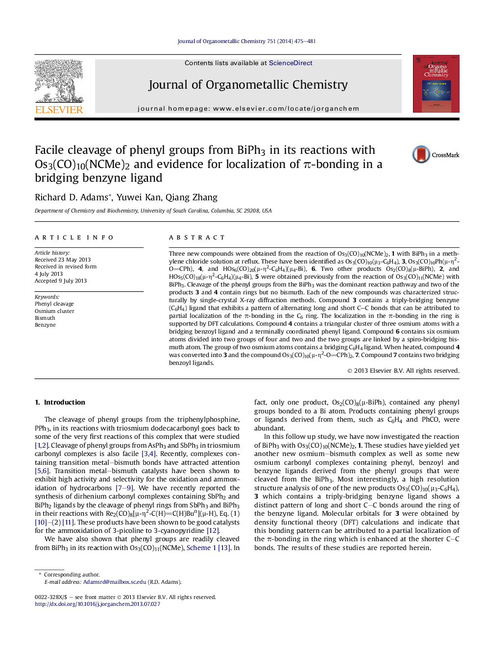 Facile cleavage of phenyl groups from BiPh3 in its reactions with Os3(CO)10(NCMe)2 and evidence for localization of π-bonding in a bridging benzyne ligand