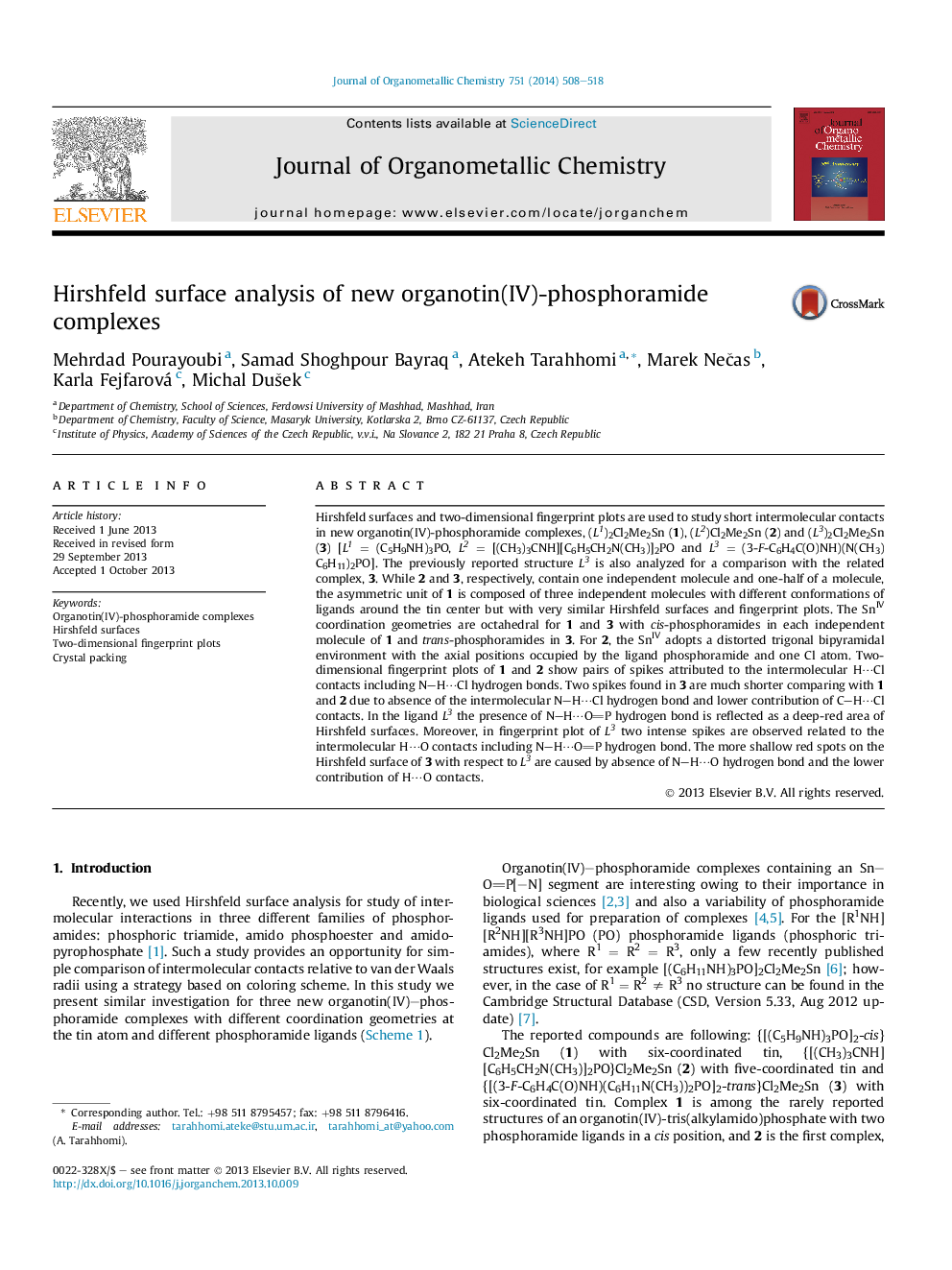 Hirshfeld surface analysis of new organotin(IV)-phosphoramide complexes