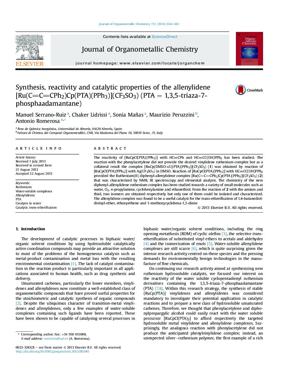 Synthesis, reactivity and catalytic properties of the allenylidene [Ru(CCCPh2)Cp(PTA)(PPh3)](CF3SO3) (PTA = 1,3,5-triaza-7-phosphaadamantane)