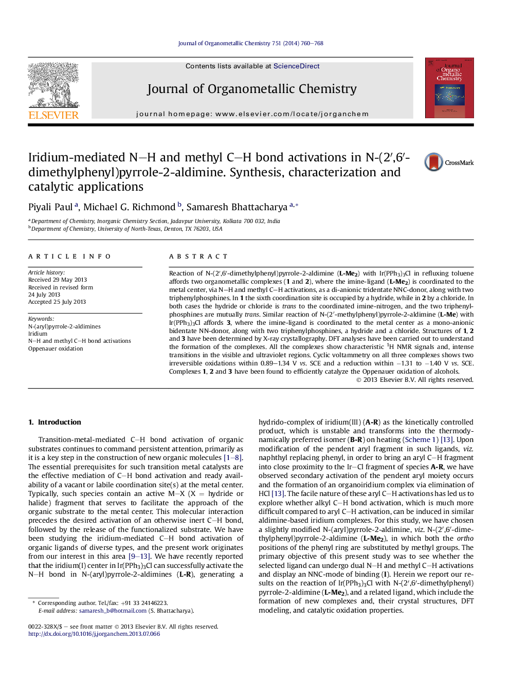 عکس صفحه اول مقاله: Iridium-mediated N–H and methyl C–H bond activations in N-(2′,6′-dimethylphenyl)pyrrole-2-aldimine. Synthesis, characterization and catalytic applications Iridium-mediated N–H and methyl C–H bond activations in N-(2′,6′-dimethylphenyl)pyrrole-2-aldimine. Synthesis, characterization and catalytic applications