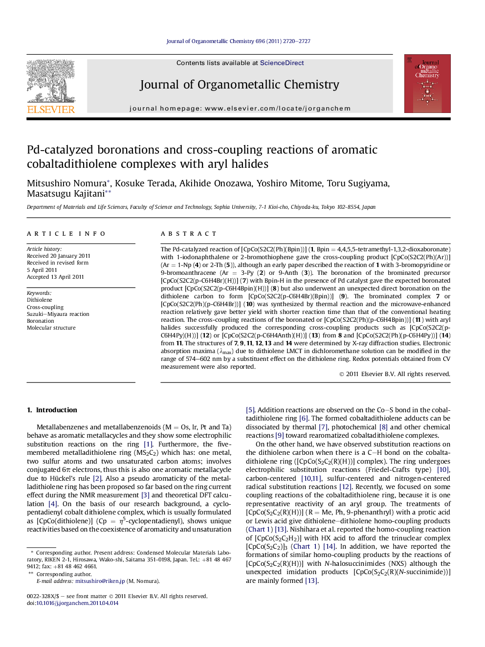 Pd-catalyzed boronations and cross-coupling reactions of aromatic cobaltadithiolene complexes with aryl halides