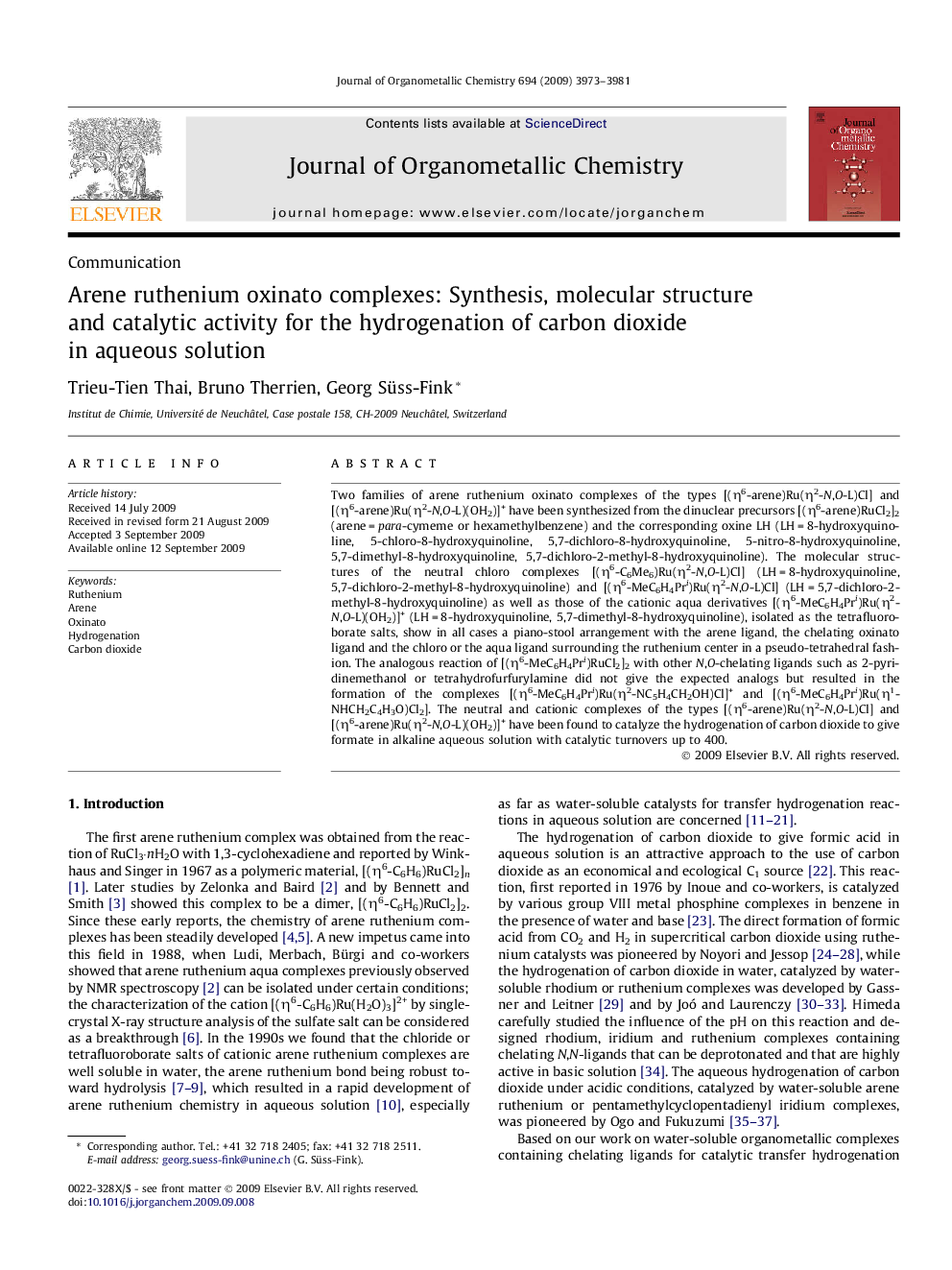 Arene ruthenium oxinato complexes: Synthesis, molecular structure and catalytic activity for the hydrogenation of carbon dioxide in aqueous solution