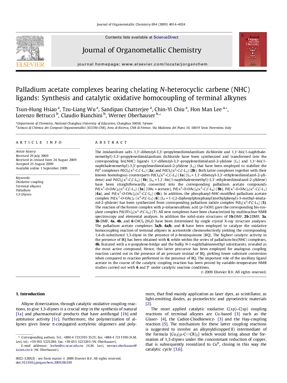 Palladium acetate complexes bearing chelating N-heterocyclic carbene (NHC) ligands: Synthesis and catalytic oxidative homocoupling of terminal alkynes