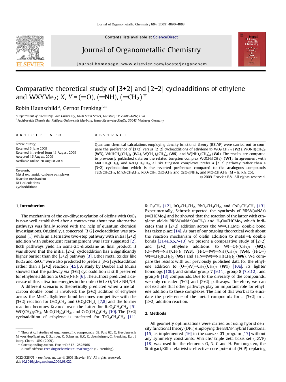 Comparative theoretical study of [3+2] and [2+2] cycloadditions of ethylene and WXYMe2; X, YÂ =Â (O), (NH), (CH2)