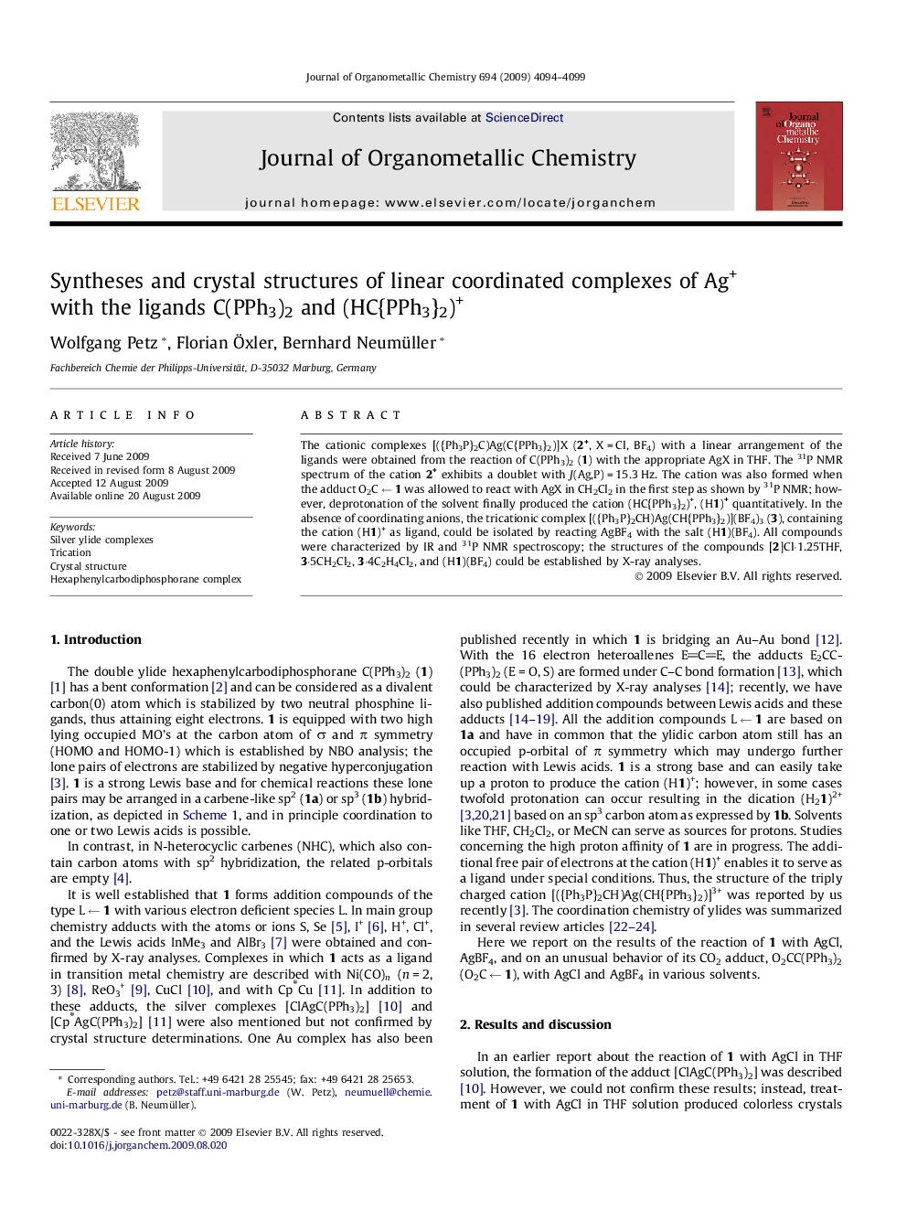 Syntheses and crystal structures of linear coordinated complexes of Ag+ with the ligands C(PPh3)2 and (HC{PPh3}2)+