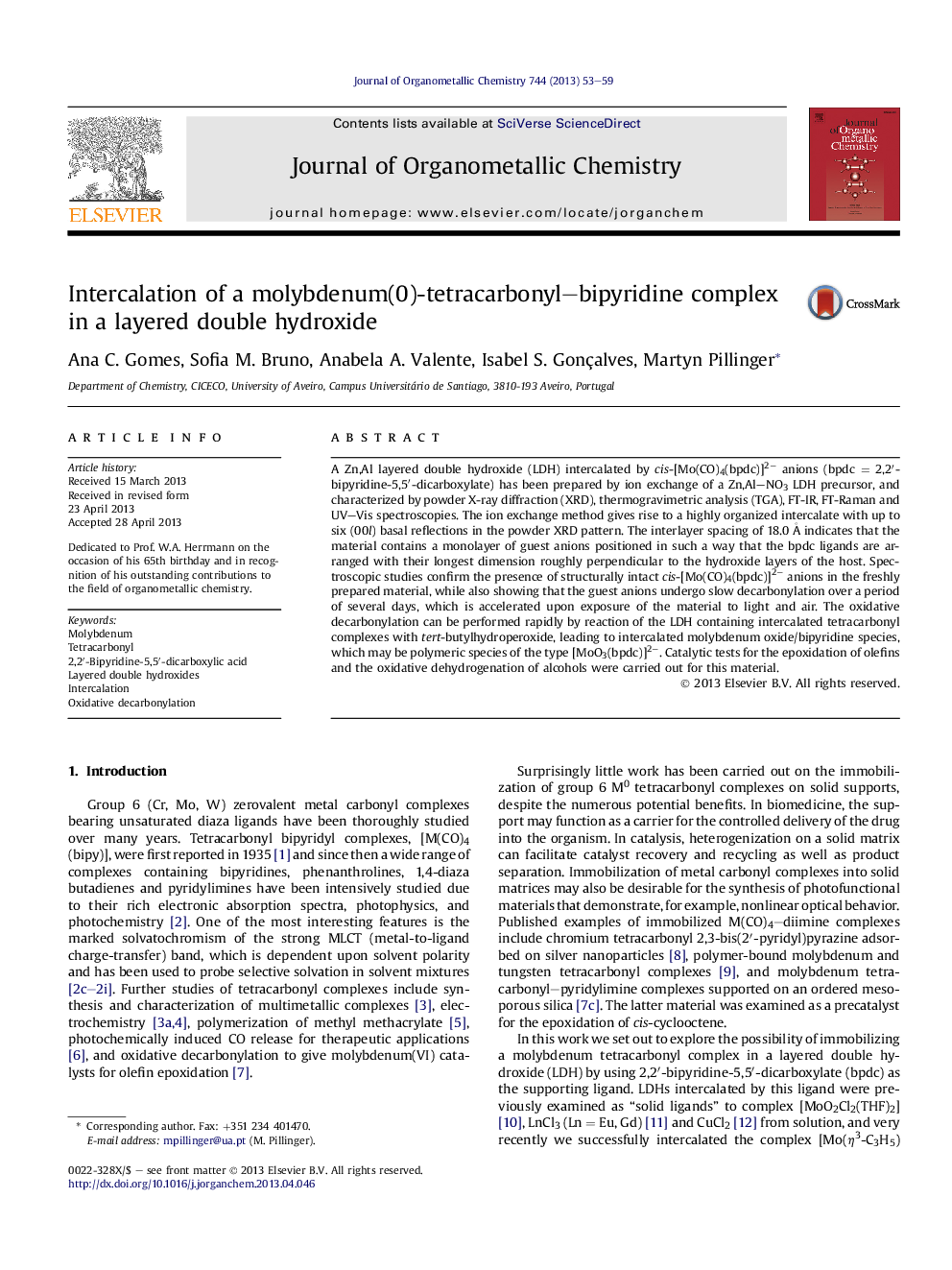 Intercalation of a molybdenum(0)-tetracarbonyl–bipyridine complex in a layered double hydroxide