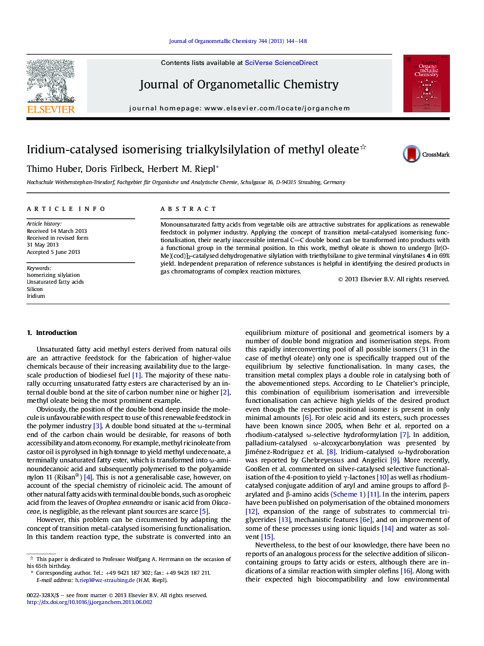 Iridium-catalysed isomerising trialkylsilylation of methyl oleate 