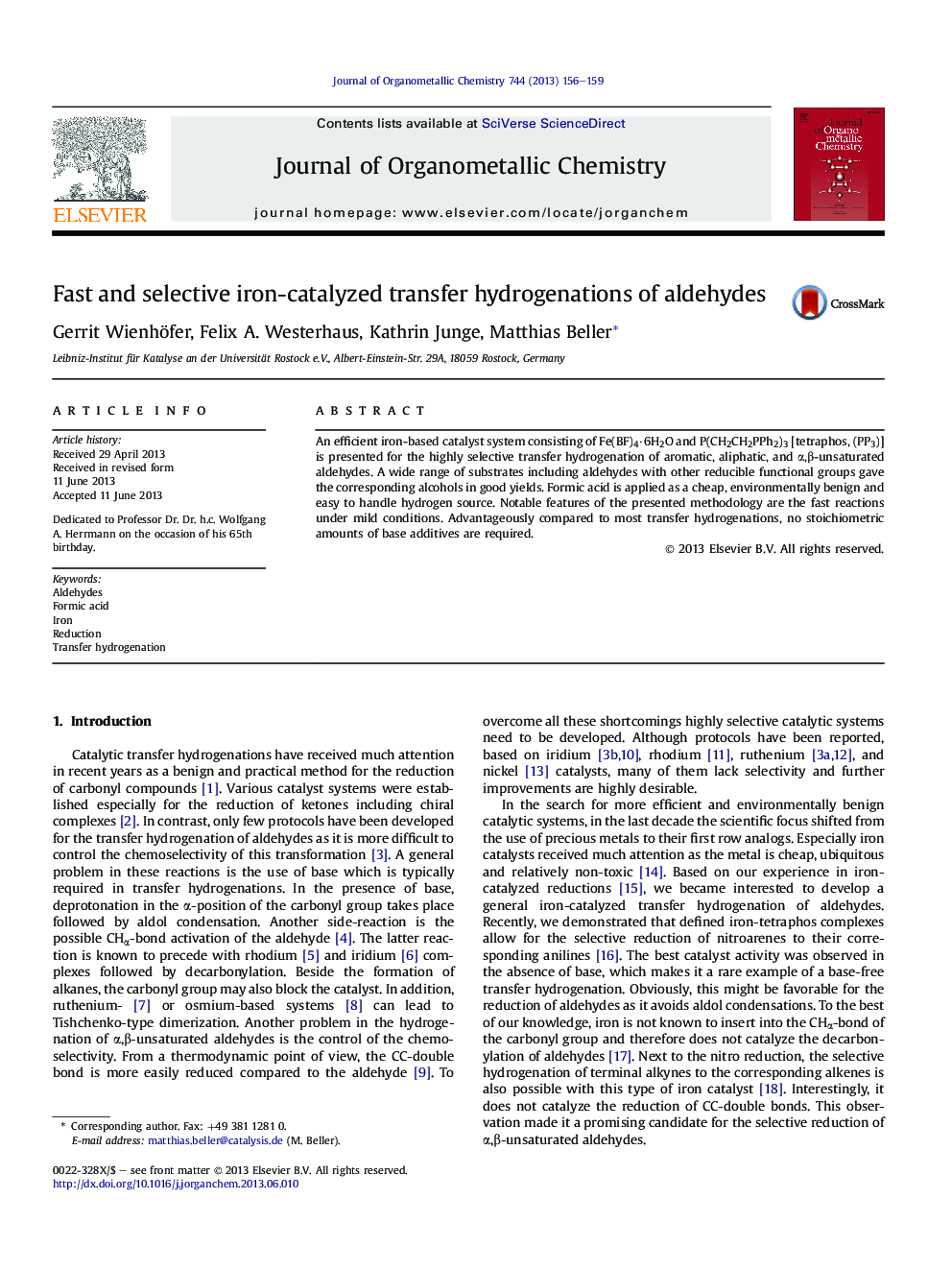 Fast and selective iron-catalyzed transfer hydrogenations of aldehydes