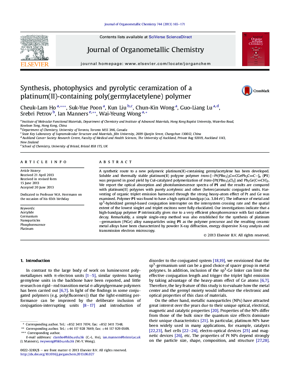 Synthesis, photophysics and pyrolytic ceramization of a platinum(II)-containing poly(germylacetylene) polymer