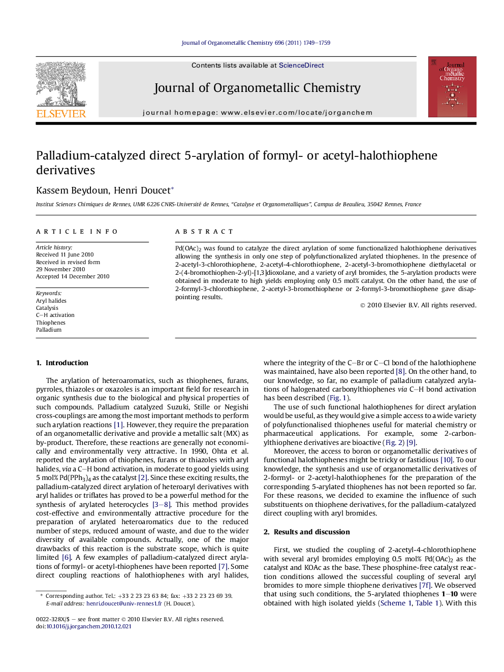 Palladium-catalyzed direct 5-arylation of formyl- or acetyl-halothiophene derivatives