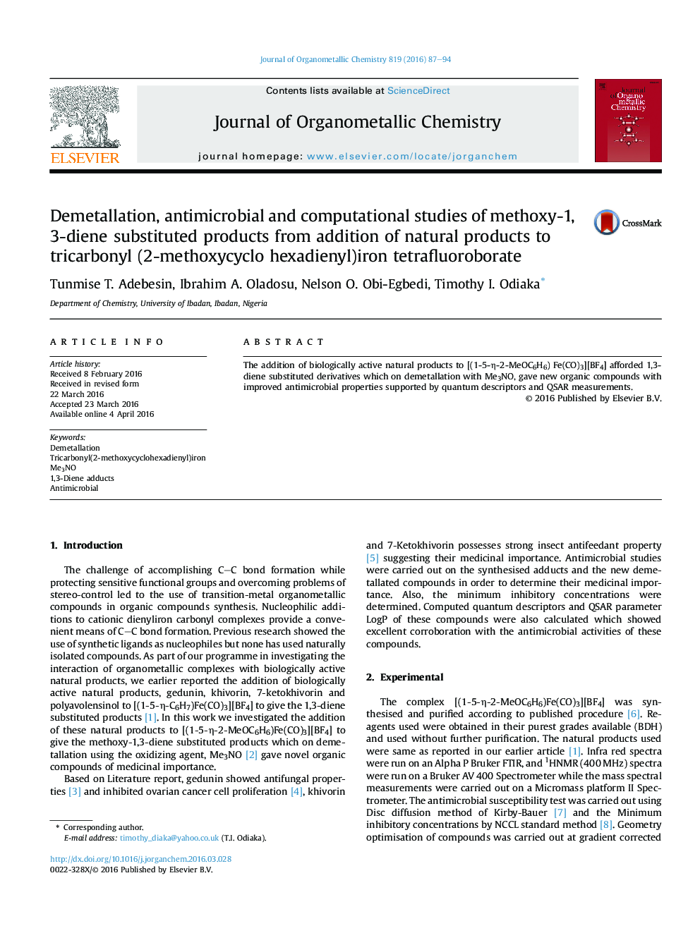 Demetallation, antimicrobial and computational studies of methoxy-1, 3-diene substituted products from addition of natural products to tricarbonyl (2-methoxycyclo hexadienyl)iron tetrafluoroborate