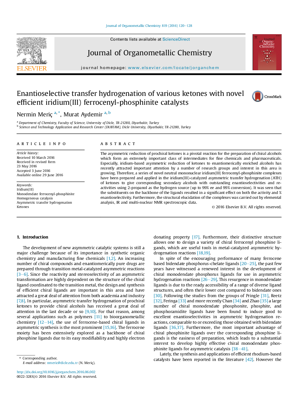 Enantioselective transfer hydrogenation of various ketones with novel efficient iridium(III) ferrocenyl-phosphinite catalysts