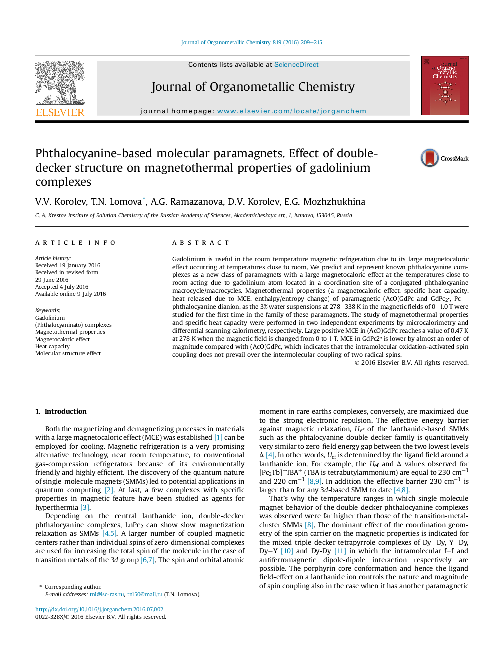 Phthalocyanine-based molecular paramagnets. Effect of double-decker structure on magnetothermal properties of gadolinium complexes