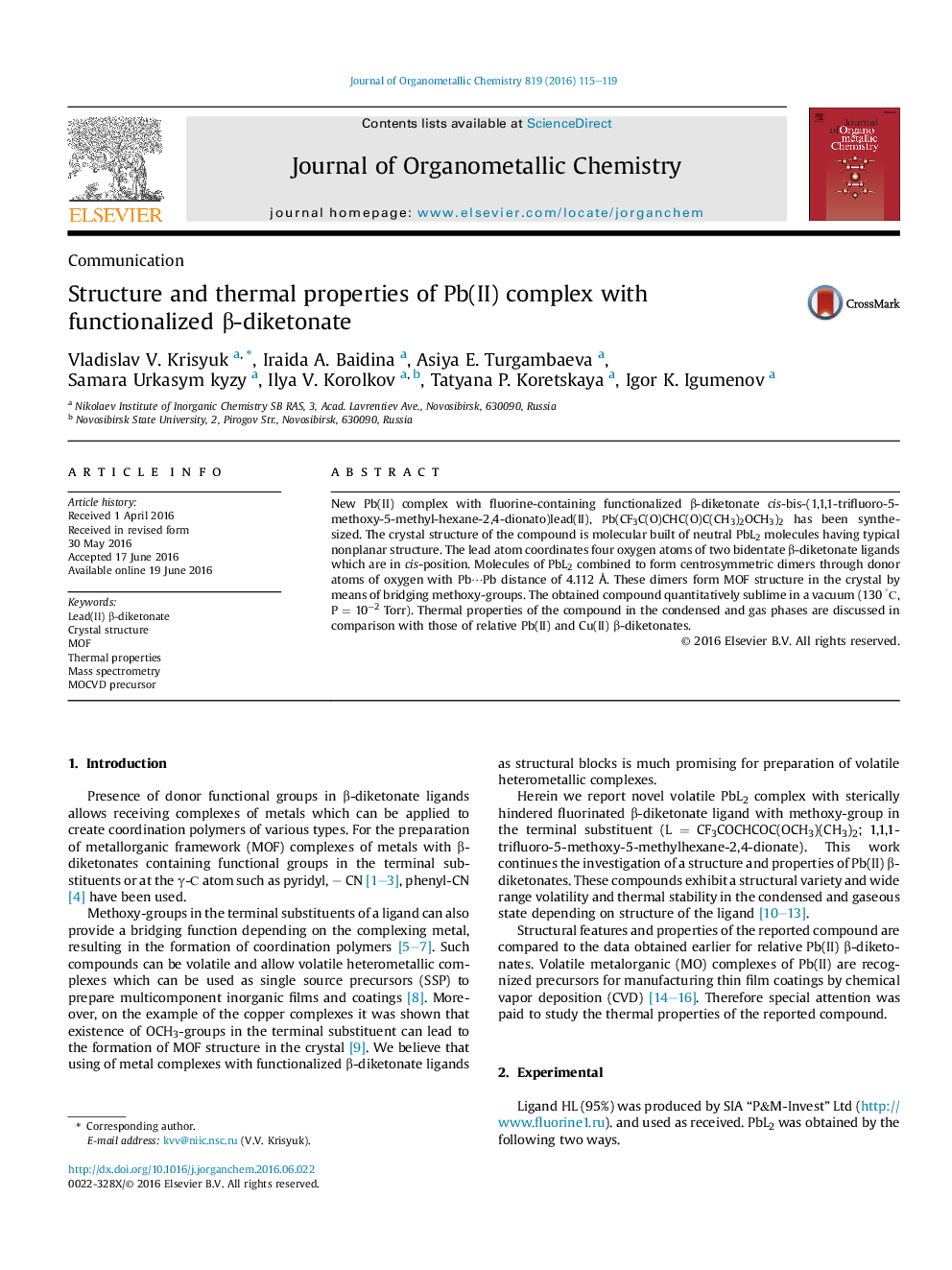 Structure and thermal properties of Pb(II) complex with functionalized β-diketonate