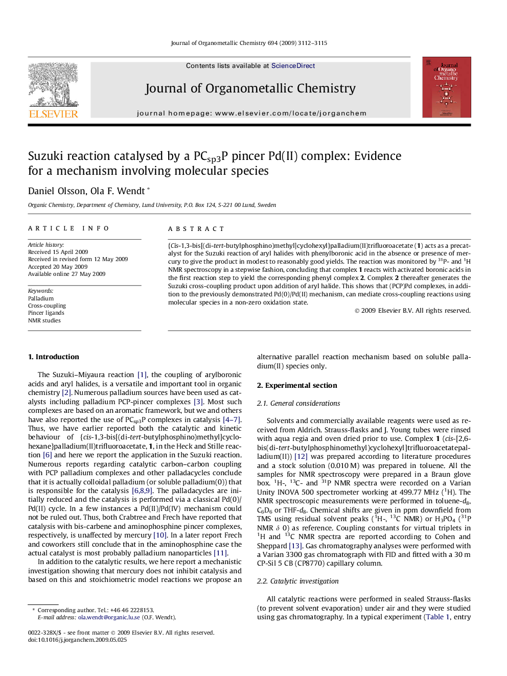 Suzuki reaction catalysed by a PCsp3P pincer Pd(II) complex: Evidence for a mechanism involving molecular species