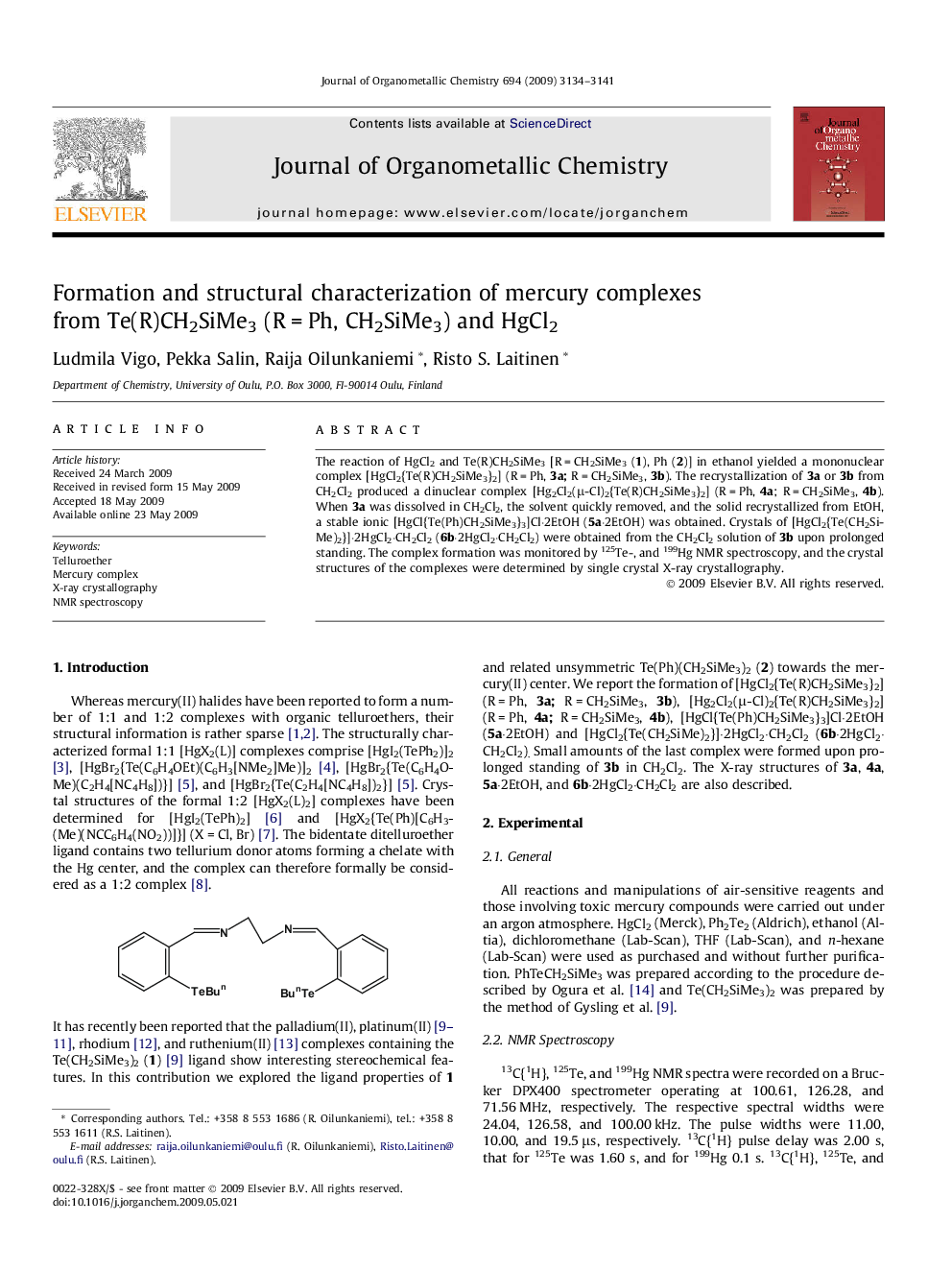 Formation and structural characterization of mercury complexes from Te(R)CH2SiMe3 (R = Ph, CH2SiMe3) and HgCl2