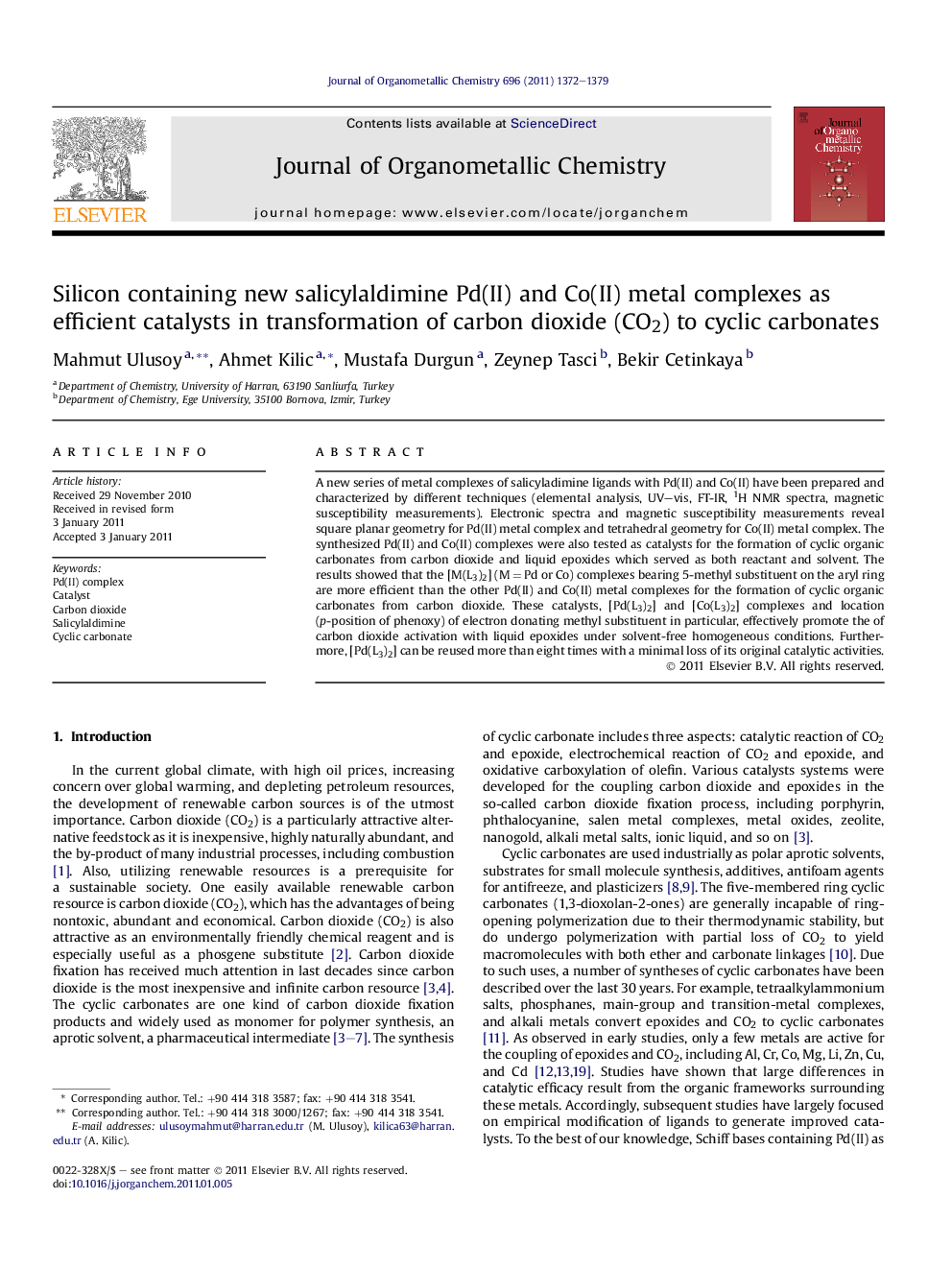 Silicon containing new salicylaldimine Pd(II) and Co(II) metal complexes as efficient catalysts in transformation of carbon dioxide (CO2) to cyclic carbonates