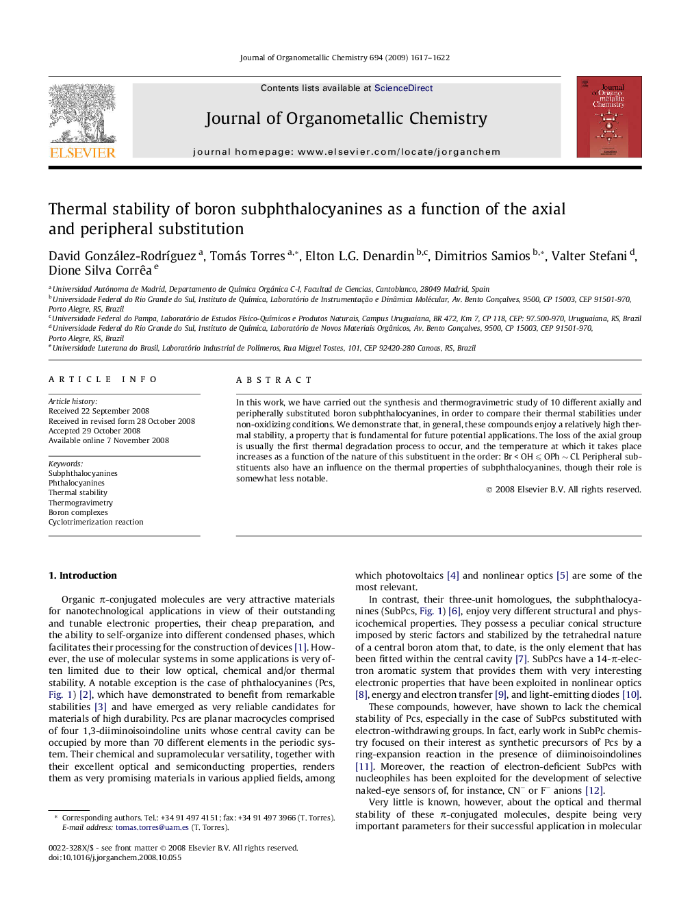 عکس صفحه اول مقاله: Thermal stability of boron subphthalocyanines as a function of the axial and peripheral substitution Thermal stability of boron subphthalocyanines as a function of the axial and peripheral substitution