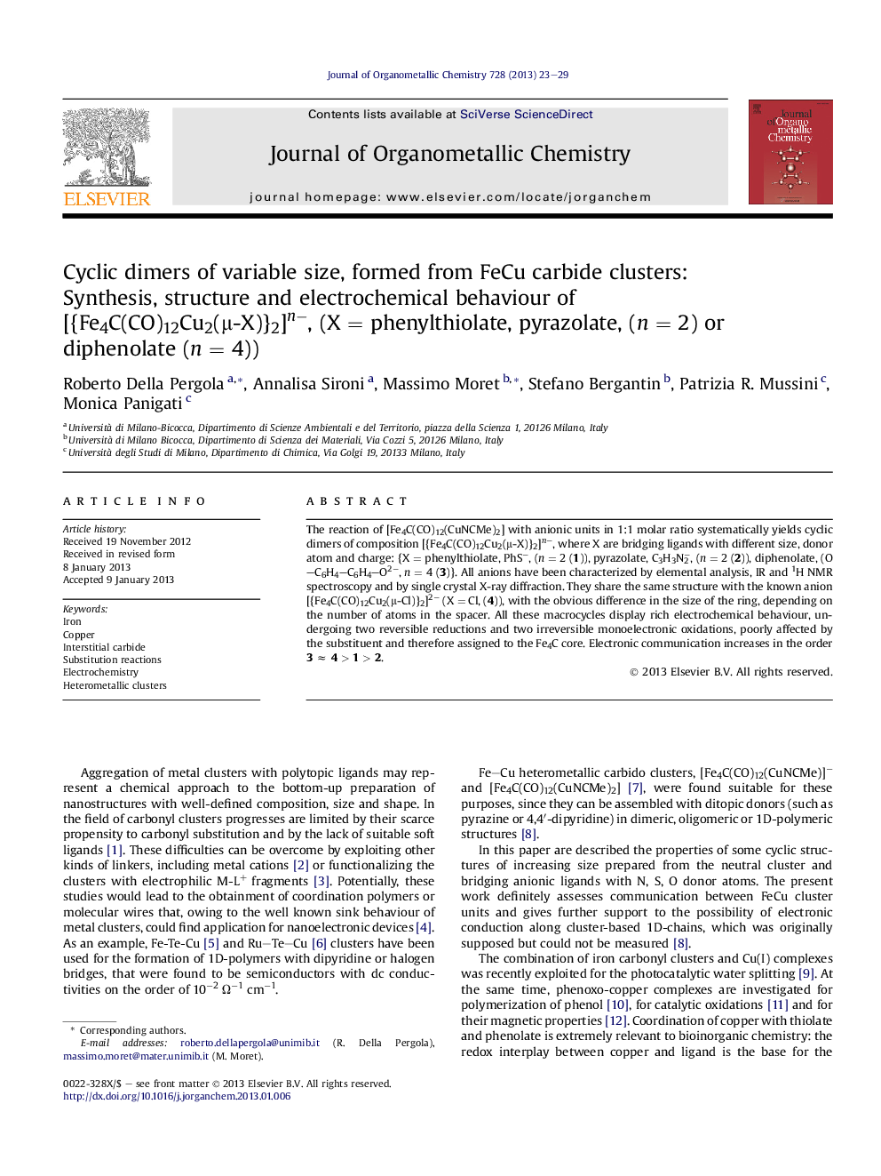 Cyclic dimers of variable size, formed from FeCu carbide clusters: Synthesis, structure and electrochemical behaviour of [{Fe4C(CO)12Cu2(μ-X)}2]n−, (X = phenylthiolate, pyrazolate, (n = 2) or diphenolate (n = 4))