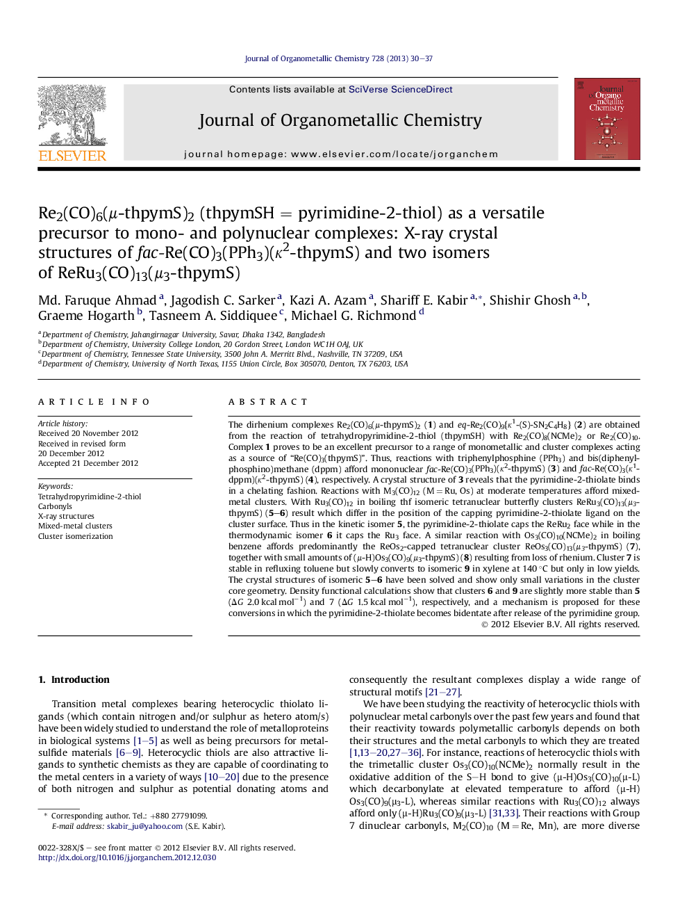 Re2(CO)6(μ-thpymS)2 (thpymSH = pyrimidine-2-thiol) as a versatile precursor to mono- and polynuclear complexes: X-ray crystal structures of fac-Re(CO)3(PPh3)(κ2-thpymS) and two isomers of ReRu3(CO)13(μ3-thpymS)