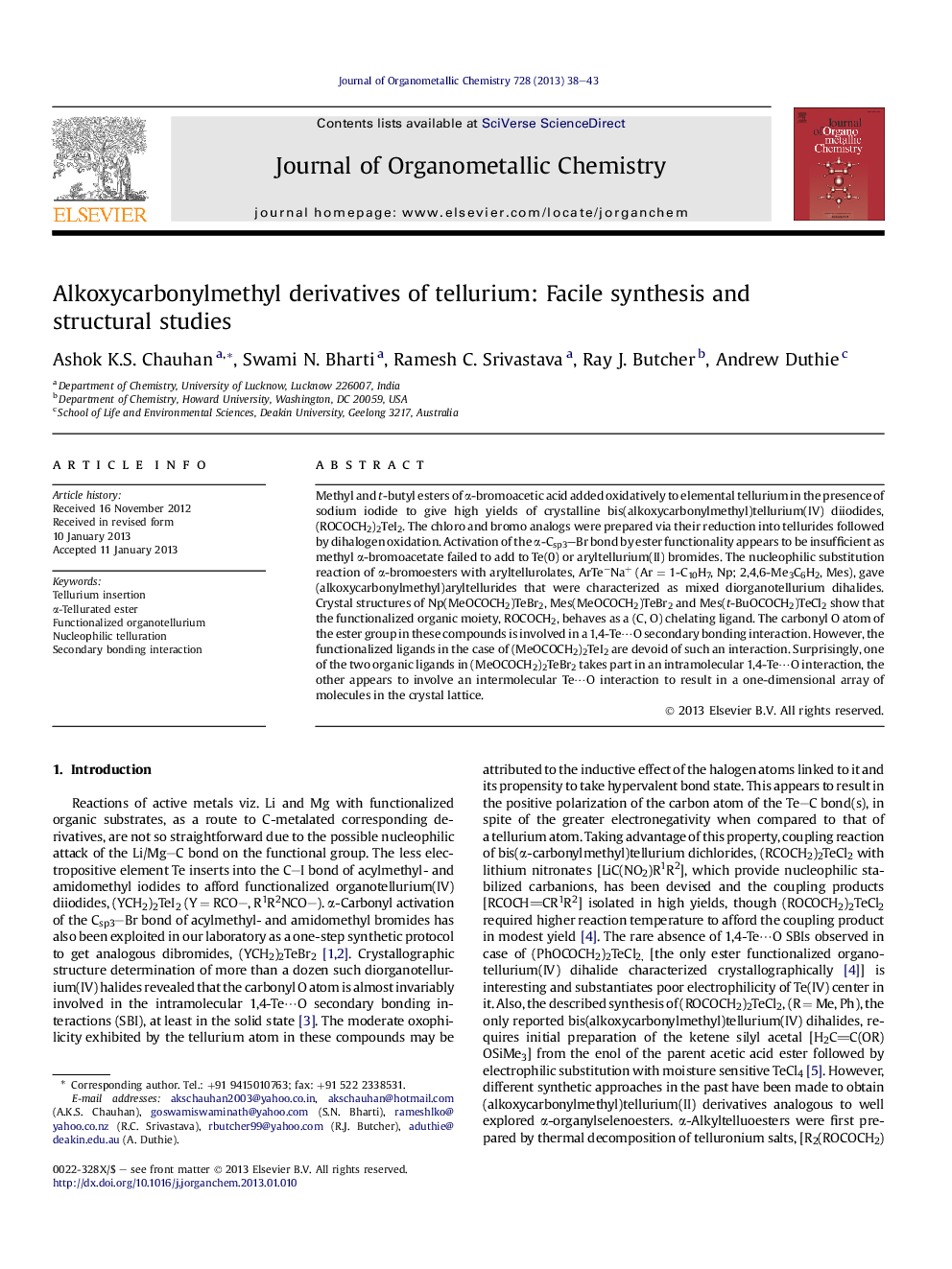 Alkoxycarbonylmethyl derivatives of tellurium: Facile synthesis and structural studies