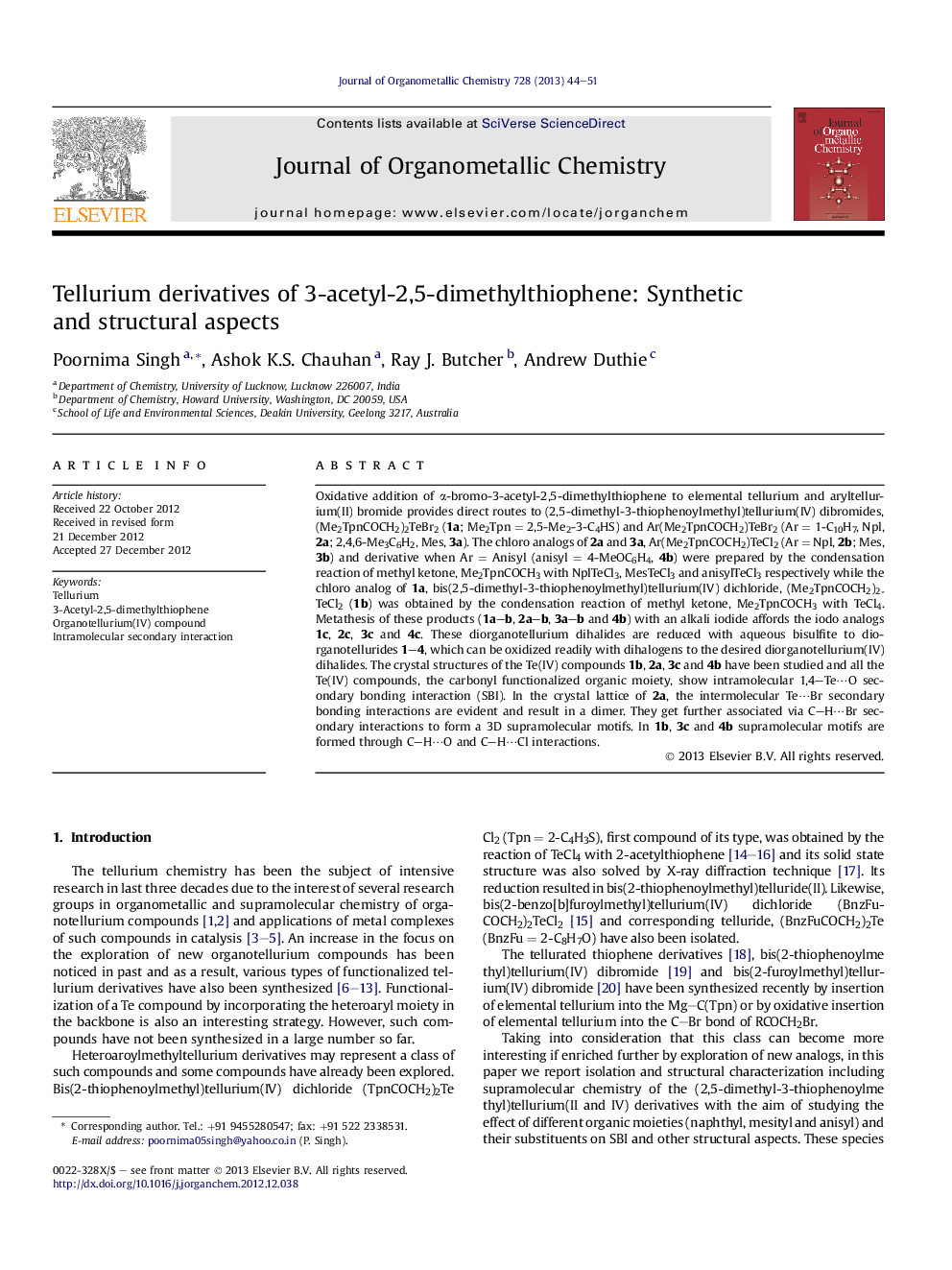 Tellurium derivatives of 3-acetyl-2,5-dimethylthiophene: Synthetic and structural aspects