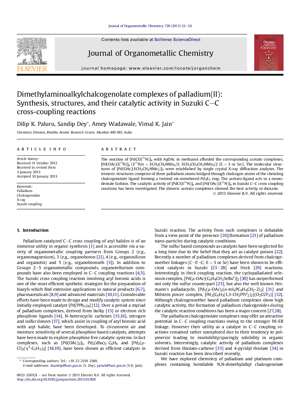 Dimethylaminoalkylchalcogenolate complexes of palladium(II): Synthesis, structures, and their catalytic activity in Suzuki C–C cross-coupling reactions