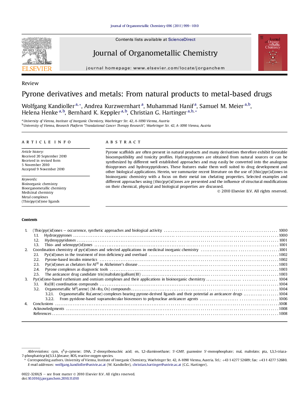 عکس صفحه اول مقاله: Pyrone derivatives and metals: From natural products to metal-based drugs Pyrone derivatives and metals: From natural products to metal-based drugs