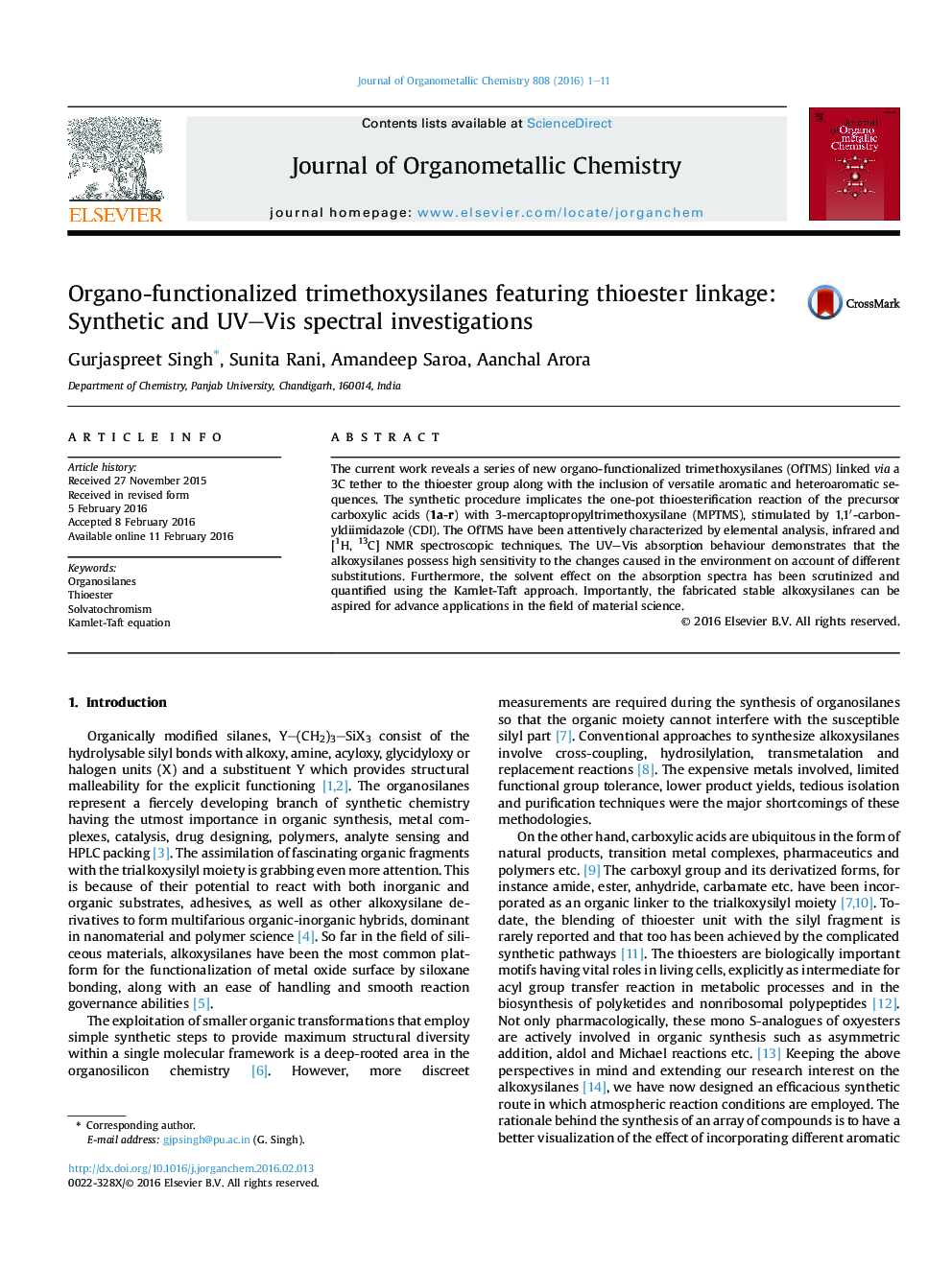 عکس صفحه اول مقاله: Organo-functionalized trimethoxysilanes featuring thioester linkage: Synthetic and UV–Vis spectral investigations Organo-functionalized trimethoxysilanes featuring thioester linkage: Synthetic and UV–Vis spectral investigations