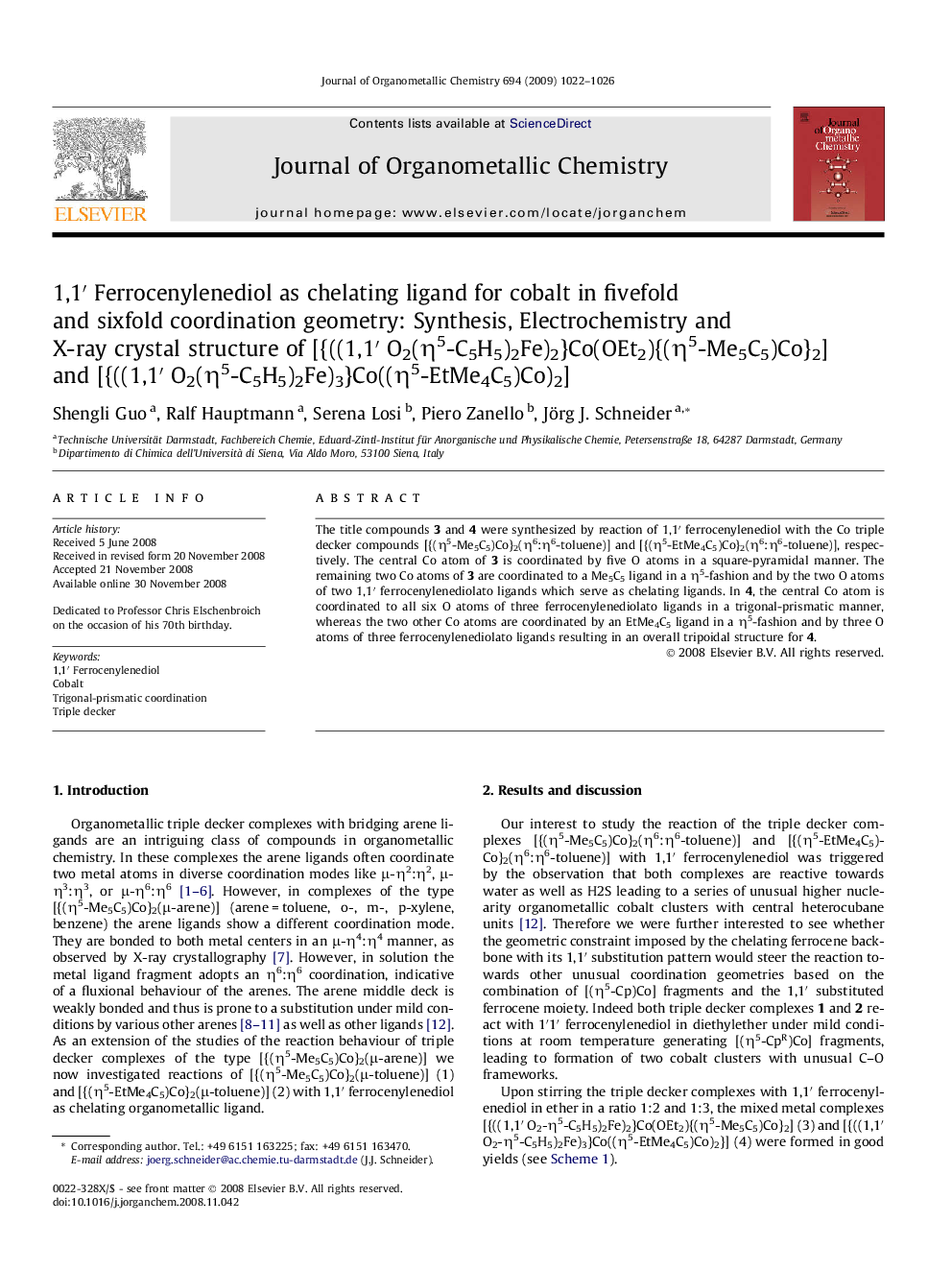 1,1′ Ferrocenylenediol as chelating ligand for cobalt in fivefold and sixfold coordination geometry: Synthesis, Electrochemistry and X-ray crystal structure of [{((1,1′ O2(η5-C5H5)2Fe)2}Co(OEt2){(η5-Me5C5)Co}2] and [{((1,1′ O2(η5-C5H5)2Fe)3}Co((η5-EtMe4C5